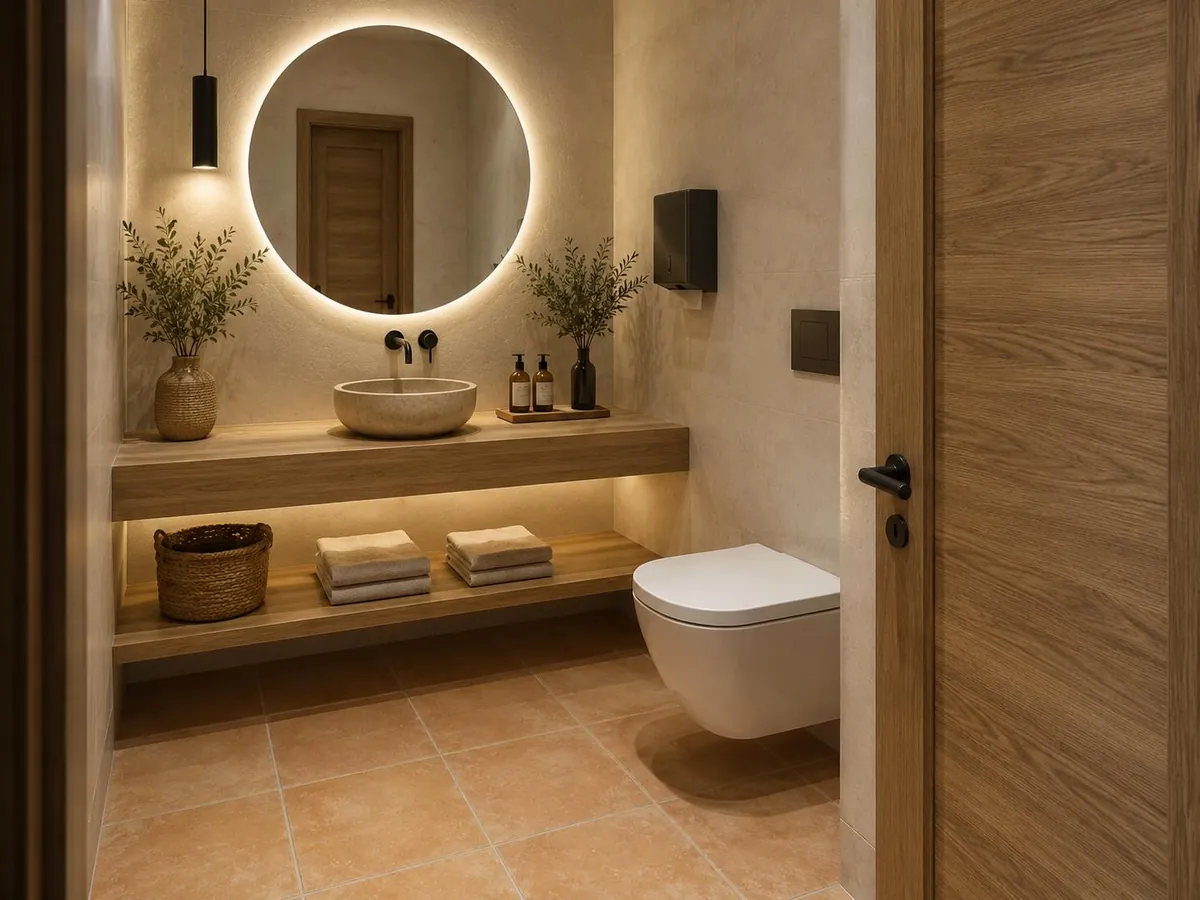 Baño renovado y adaptado en tonos piedra y madera de Mara Events