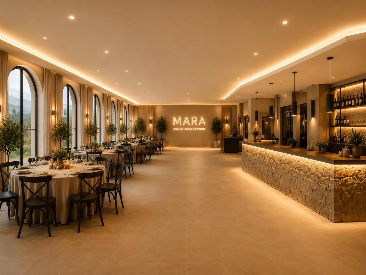Interior de la sala de eventos Mara Events en Riudoms, con mesas montadas y barra de piedra iluminada
